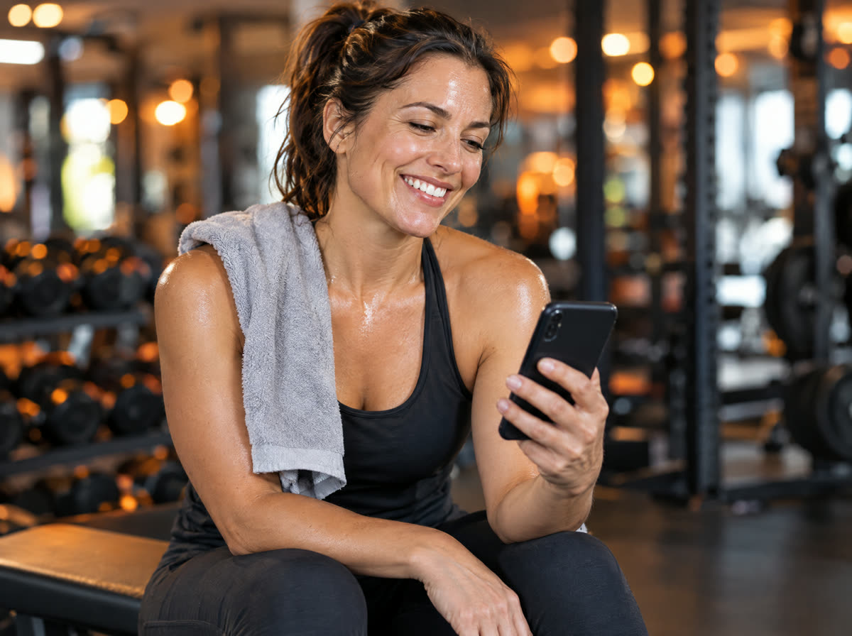 Frau checkt nach dem Training ihren Fortschritt am Handy