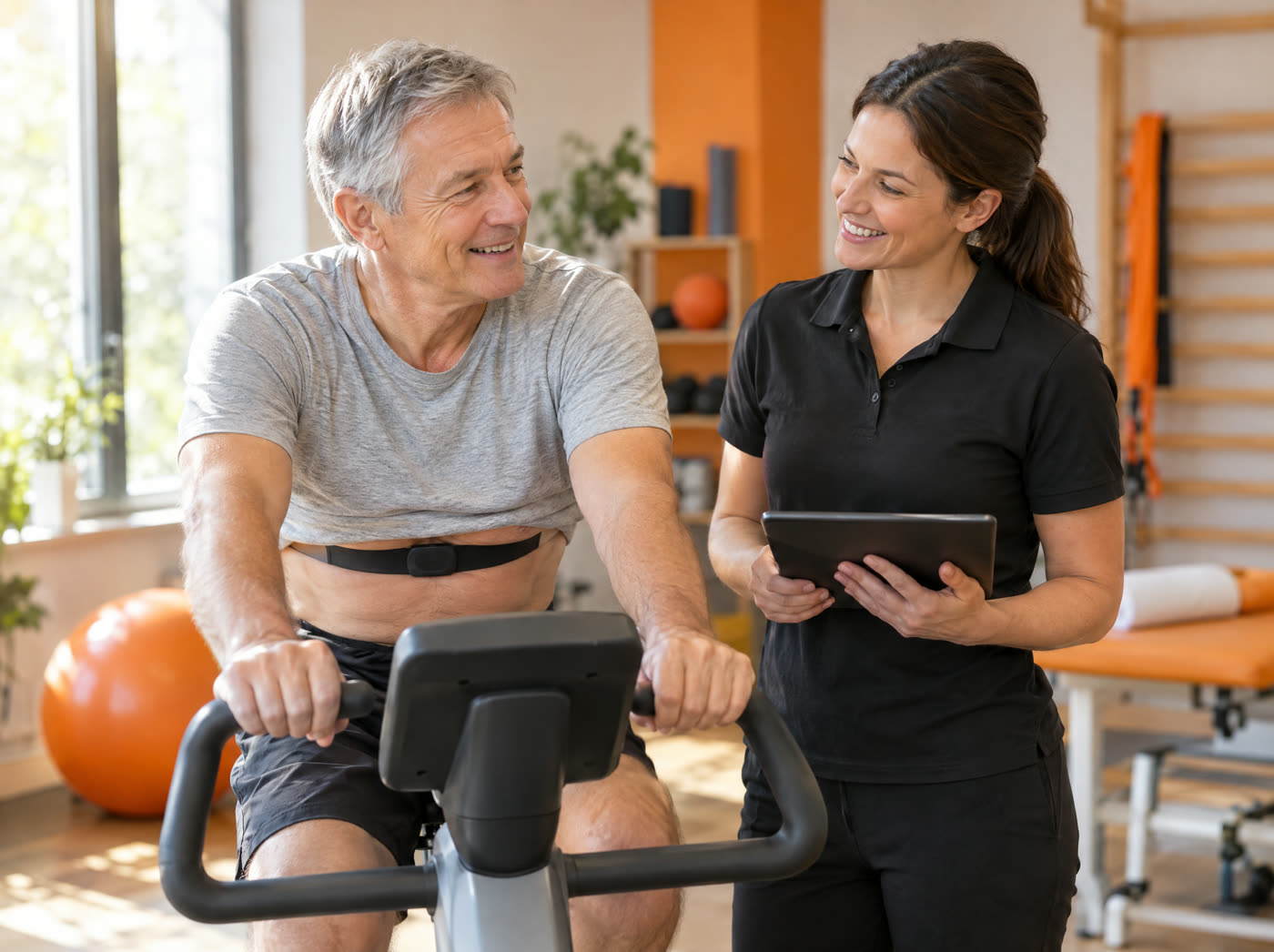 Älterer Mann trainiert auf dem Ergometer, Trainerin begleitet ihn