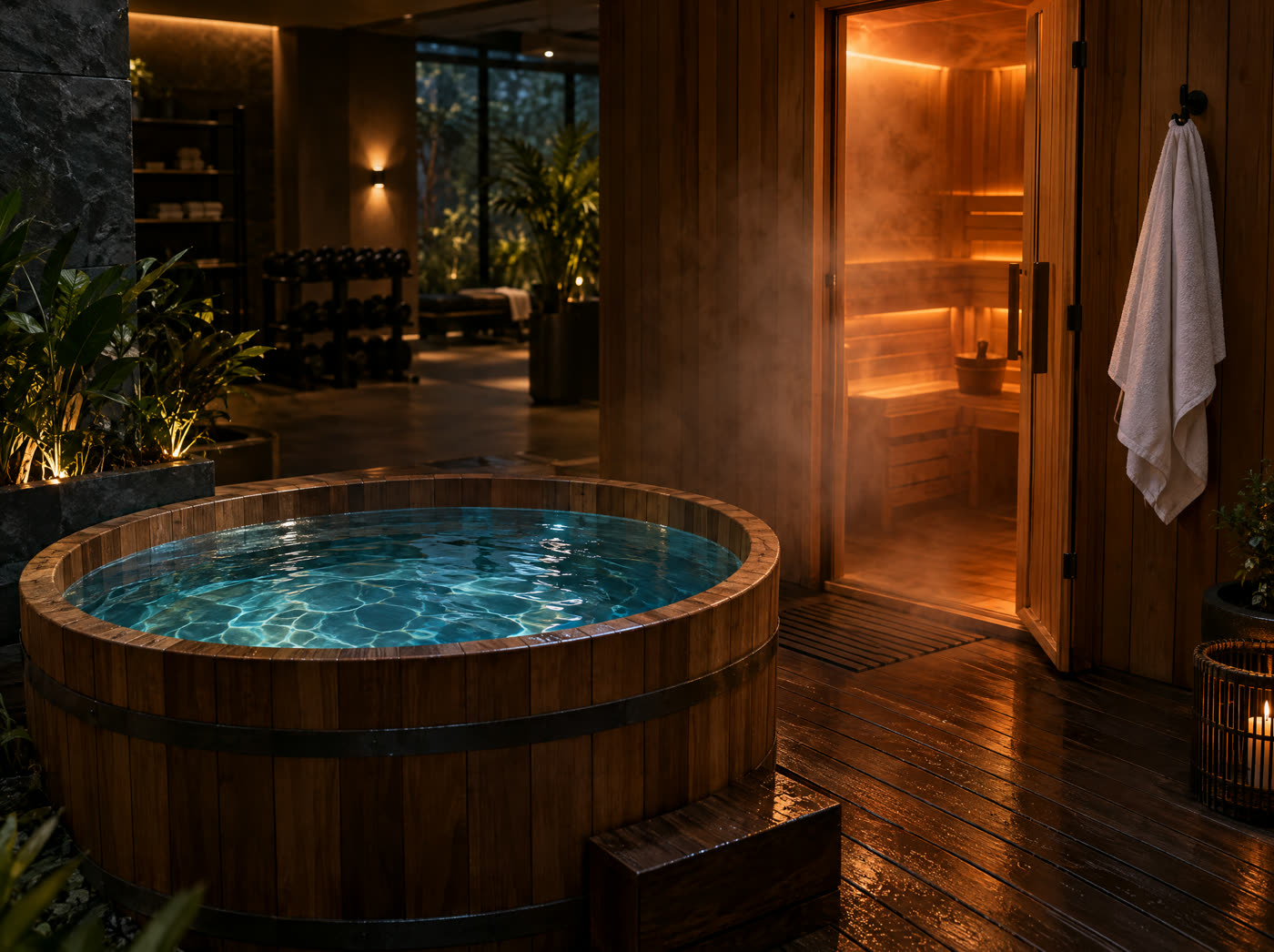 Hölzernes Tauchbecken neben der Sauna